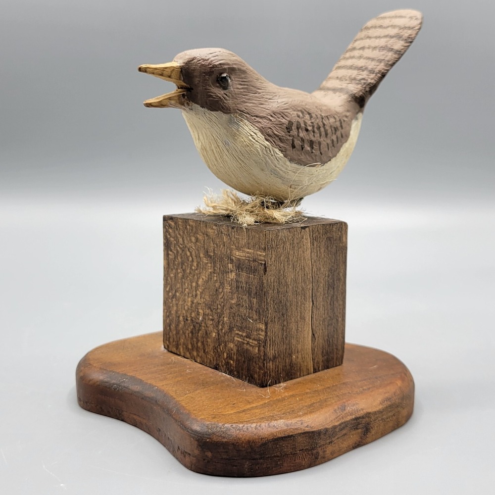 Vintage Handcrafted Wooden Bird Figurine On Base Home Shelf Decor
